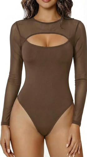 Sukiglam Body Donna Elegante Maniche Lunghe Collo Alto Bodysuit in Rete Trasparente Sexy Cut-Out Aderente Bodysuits Shapewear Basic T-Shirt Casual Jumpsuits Tops Bodys Blusa per Festa Club Streetwear