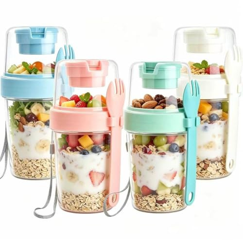 YNNHUDEEP Vasos para cereales, yogur para llevar, 4 unidades, 17 cm x 8 cm, 800 ml por pieza, con tapa de cuchara, recipiente extraíble 2 en 1 para capas separadas para alimentos Overnight Oats