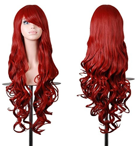 EmaxDesign 80cm qualitativ hochwertige Cosplay Perücke Für Frauen. Lang Voll, Lockig Wllig Heiz resistent. Fashion Glamourös Haarteil mit kostenlosen Perücke Kappe & Perücke Kamm (Farbig: Dunkelrot)