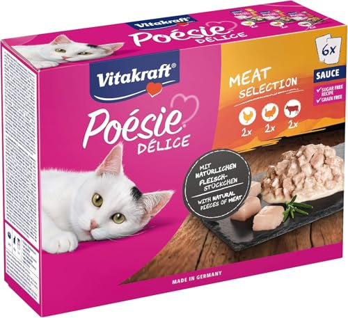 Vitakraft Poésie Délice - Repas en Sauce pour Chat Adulte - Assortiment à la Viande: Poulet, Dinde et bœuf - Recette sans céréales ni Sucre ajouté (6 x 85g)