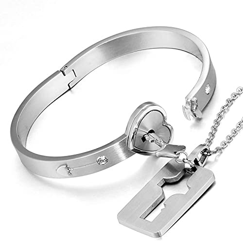 Flongo Dam herr hjärtlås armband och nyckelbricka hänge halsband set, rostfritt stål armband och halsband, kärlekspresent till alla hjärtans dag bröllopsdag, 18 centimeters, Rostfritt stål