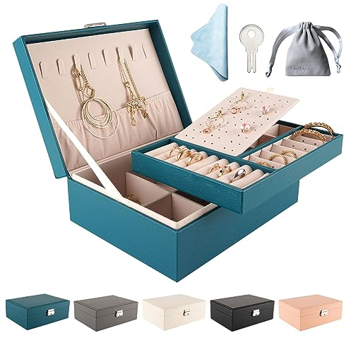 Jewellery Box, 2 Layer PU Leather Jewellery Organiser with Key, Jewelry Box for Women, Jewellery Storage Organiser for Necklace Earrings Bracelet Ring Accessories