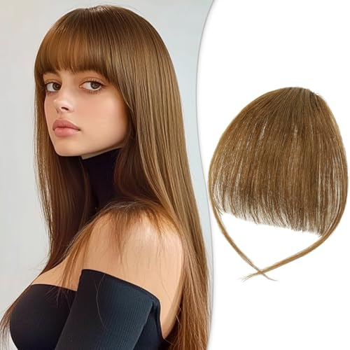 RUWISS Frangia Capelli Veri Naturale - Frangetta Frontale Clip Extension 100% Capelli Umani - Bangs Hair Posticci per Donna (Marrone Chiaro)