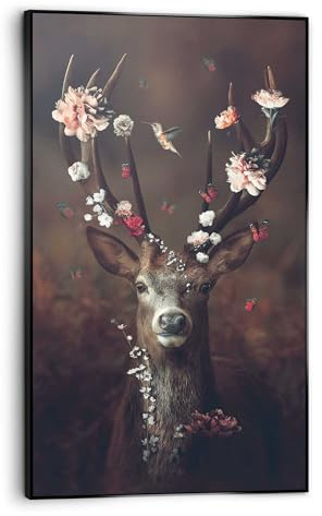 REINDERS Gerahmtes Bild, Hirsch mit Blumengeweih, Wohnzimmer, Bilder, Wanddeko, Room Decor, MDF, Braun, 118 x 70