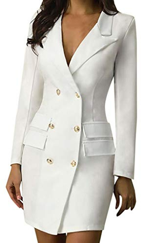Blazer de mujer FGUUTYM, blanco, elegante, de manga larga, para negocios, con cuello en V, de dos piezas, camisa lisa, mangas, traje de botones, sexy, vestido de cóctel, mini, vestido de blusa, a
