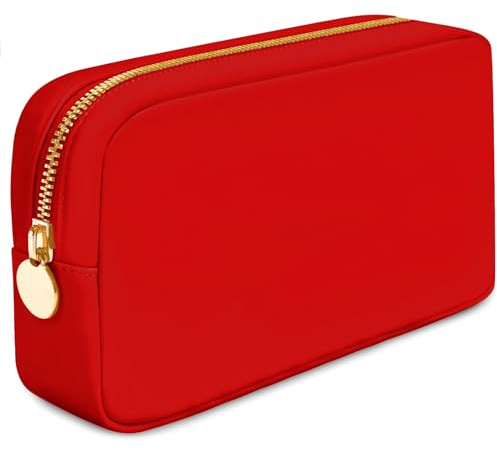 DANCOUR Nylon Makeup Bags for Women Large Preppy Travel Toiletry Pouch Cosmetic Bag Makeup Organizer, Red, S, Small