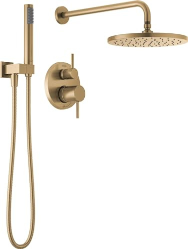 Delta Modern 14 Series Round Rain Shower System Faucet Set, Rainfall Brushed Gold Shower Head and Handle Set, Valve Trim Kit, 10 Inch, Champagne Bronze 342702-CZ