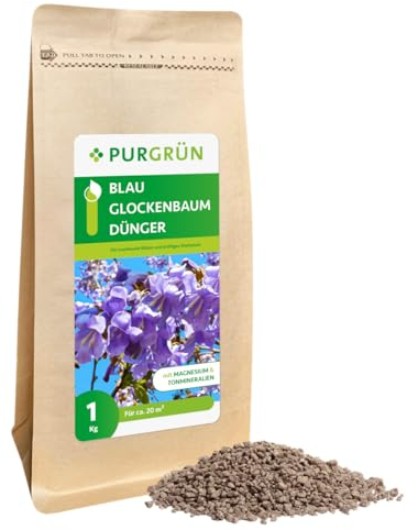 Purgrün® Blauglockenbaum-Dünger 1 kg – Organisch-mineralische Rezeptur – Feinkörniges Krümelgranulat – NPK 5+4+6 – Extra Magnesium für leuchtende Blüten – Verbessert die Bodenqualität
