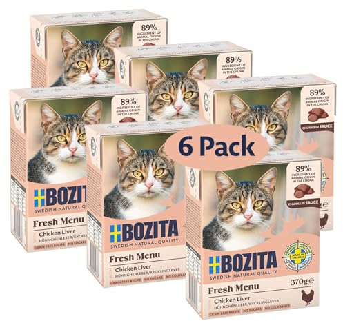 Bozita Nourriture Humide en Sauce avec Foie de Poulet – Lot de 6 Paquets de 370 g de Nourriture savoureuse pour Chat sans céréales ni Sucre – Nourriture pour Chat avec 7,5% de protéines et 5% de