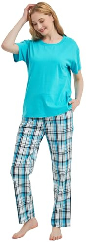 iceBoo Womens Nightwear - 100% Cotton Pyjamas for Women with Side Pockets, Drawstring Waist, Plain Round Neck Top, Check Plaid Pyjama Set - Perfect Ladies Womens Pyjamas (8-10, Aqua (XB33))