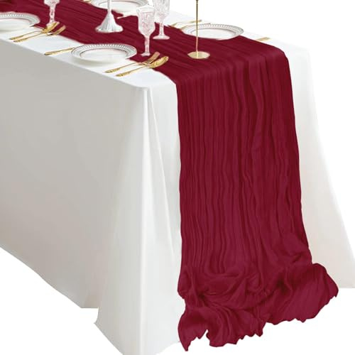 BLMHTWO Burgundy Cheesecloth Table Runner 35×118inch Boho Rustic Gauze Cheese Cloth Runner Long Red Cheese Cloth for Wedding Bridal Baby Shower Birthday Party Table Decoration(Burgundy)