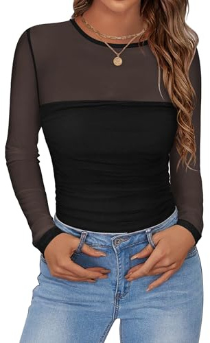 Zeagoo Women's Mesh Blouses Sexy Sheer Long Sleeve Shirts Crew Neck Going Out Tops Fall Lace Clothes Black M
