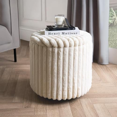 OHS Round Storage Ottoman Box, Decorative Fluffy Ribbed Ottoman with Lid Space Saving Organising Box for Living Room Bedroom Footrest with Hidden Storage, Cream