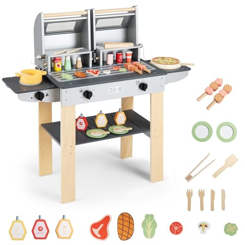 COSTWAY Barbecue Barngrill, Grillleksaker med Grillbestick & Lekmat, Lekkökssats med 2 Grillar & Vikbara Lock, Utomhus Köksset för Barn från 3 År