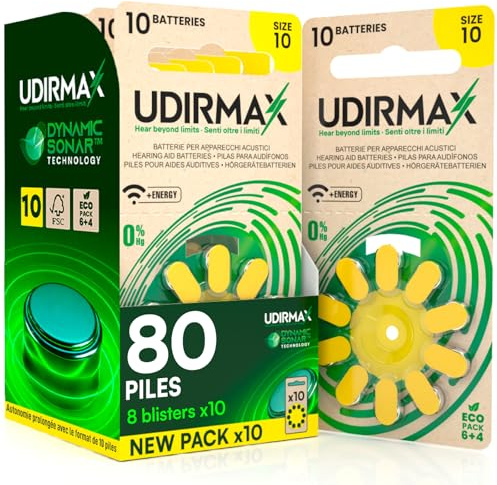 80 Batterie per Apparecchi Acustici Misura 10 Udirmax Pile PR70 Gialle con Tecnologia Dynamic Sonar Zinco-Aria 1,45V Eco Pack - 8 Blister Ecologici da 10 Pile