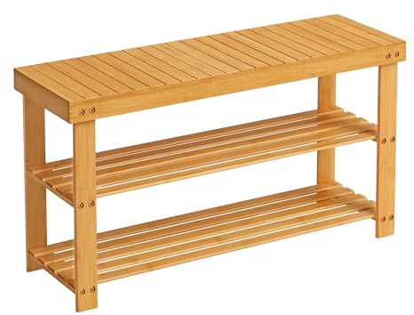 SONGMICS Banco Zapatero, Organizador de Zapatos de Bambú de 3 Niveles, Banco de Pasillo, Soporta hasta 130 kg, 28,7 x 90 x 45,3 cm, para Entrada, Baño, Dormitorio, Natural LBS90N