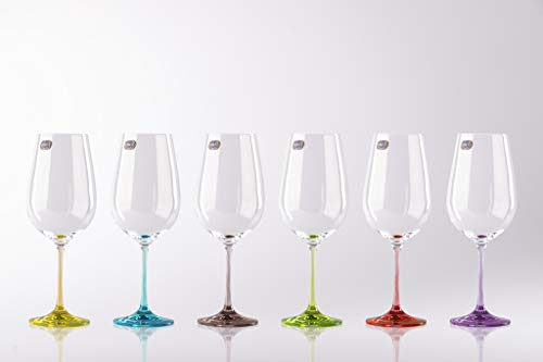 Crystal Colored Long Stem Wine Glasses Set Of 6| Suitable To Be Used As Port Glasses For Both Red And White Wine| Premium Rainbow Decorative Collection Best For Birthday Or Party 18.5 Ounces|