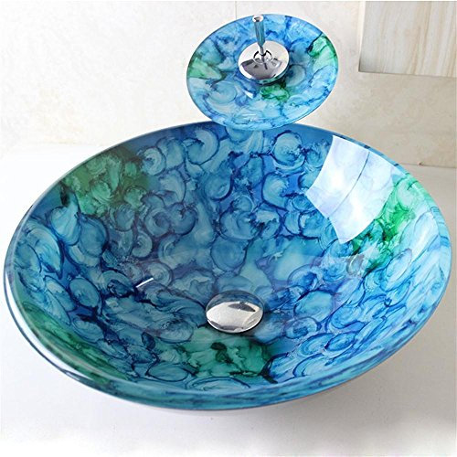 HomeLava Lavabo Vasque en Verre Trempé Bleu, avec Robinet Cascade à poser la salle de bain