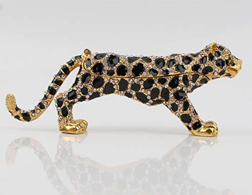 SEVENBEES 24K Golden 5.7in Leopard Jewelry Trinket Boxes Hinged with Crystal Element Design Leopard Figurine Collectible