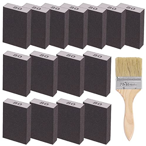Glarks Kit di 16 spugne abrasive a grana 80, 15 pezzi, 10 x 7 x 2,5 cm, blocchi abrasivi lavabili e riutilizzabili e 1 pennello per vernice, ideale per la lavorazione del legno, la lucidatura dei