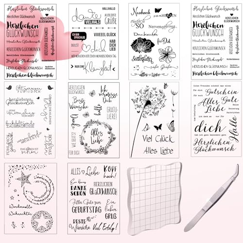 Silikonstempel Set Clear Stamps 10 Bögen Stempel Sprüche Deutsch mit Stempelblock 10x10cm für weihnachten Geburtstag Scrapbooking Journal Hochzeit Karten (10 Stile)