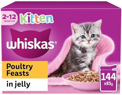 Whiskas Kitten Food Wet, 2-12 Months, Poultry Feasts in Jelly, 144 x 85g Cat Food Pouches