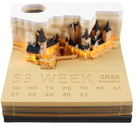 Calendario 3D a Strappo, 2026, Calendario da Tavolo Magic Castle, Decorazione Fai da te Calendario da Tavolo con Portapenna E Luce