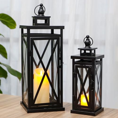 TRIROCKS Set of 2 Deacorative Candle Lantern 50 cm& 28 cm High Metal Candle Holder Hanging Lanterns with Tempered Glass Perfect for Indoor Outdoor Home Decor Parties Garden Events Wedding (Black)