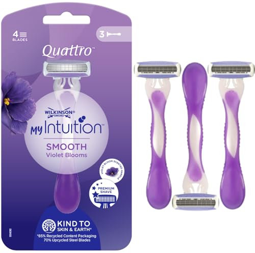 Wilkinson Sword Quattro My Intuition Smooth Violet Blooms - Rasoi usa e getta depilatori femminili a 4 foglie idratanti - Rasoi per depilazione da donna pelle sensibile, 3 pezzi
