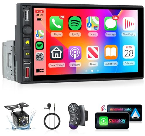 Autoradio 1 Din Schermo Carplay Android Auto Senza Fili, Hodozzy Stereo Auto Schermo Radio 7 Pollici Touchscreen Bluetooth 1 Din Lettore con FM Radio Mirror Link USB/Tipo-C EQ 7 Colori+Telecamera
