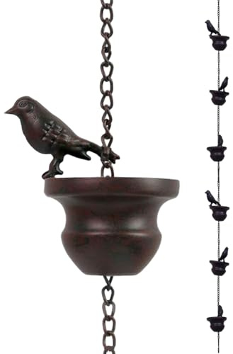 31.5 Inch Birds & Cups Decorative Rain Chain for Gutters, Metal Hanging Rain Catcher for Downspout Water Diversion & Outdoor Water Feature