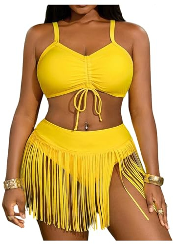 MakeMeChic Women's Plus Size Bikini Set Ruched Fringe High Waisted 2 Piece Swimsuit Yellow Large Plus