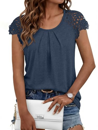LILLUSORY Womens Lace Cap Sleeve Tops Summer Scoop Neck T Shirts Navy L