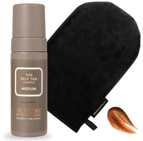 Jimmy Coco Medium Self Tan Bundle – Malibu Tinted Tan Soufflé 150ml with Buff & Glow Black Tanning Mitt – Hydrating Gradual Fake Tan Moisturiser for Face & Body, Streak-Free