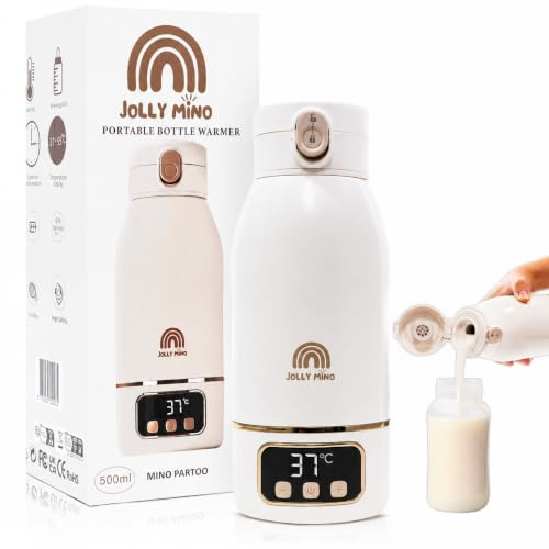 JOLLY MINO Scaldabiberon Portatile Senza Fili 500ml, Acciaio Inox, Temperatura Regolabile 35-55°C, Acqua e Latte Materno, Viaggio/Auto/Notte, Spazzolino Incluso, Design Dorato Premium