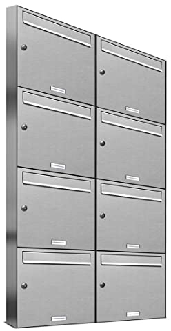 AL Briefkastensysteme 8er Briefkastenanlage, V2A Edelstahl, Premium Briefkasten DIN A4, 8 Fach Postkasten modern Aufputz