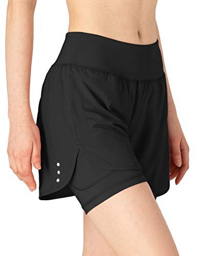 donhobo Damen Sport Shorts Sommer 2 in 1 Kurze Hosen Schnelltrocknende Laufshorts Fitness Joggen und Training Sporthose (Schwarz, M)