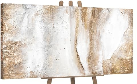 YS-Art Cuadro pintura abstracta hecho a mano en beige con líneas doradas Aesthetics Decoración de pared salon modern Arte murale 120x60 cm