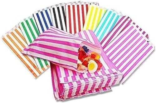[Förpackning med 500] 50 VARJE AV ALLA 10 FÄRGER CANDY VÄSKOR | RANDIG PAPPER SÖTA PICK N MIX SHOP STALL VÄSKOR