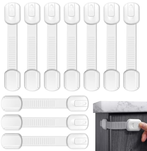 10 Stück Kindersicherung für Schrank, Selbstklebendes Schubladensicherung ohne Bohren, Sicherheitsschloss Schubladenschloss für Schränke Kühlschrank und Schubladen, Weiß
