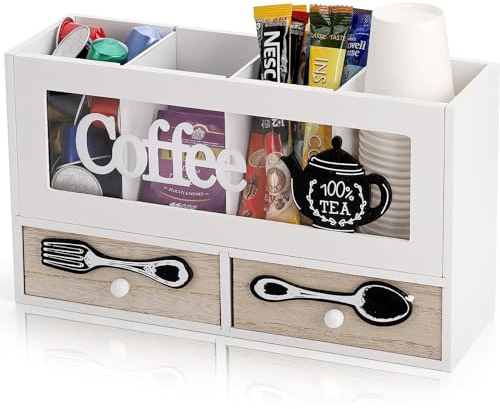 Guolich Organizador de Café y Té-Caja de Madera para Accesorios de Cafetera-Caja Infusiones -Caja de Te -Bandeja con de Madera 4 Compartimentos (Blanco)