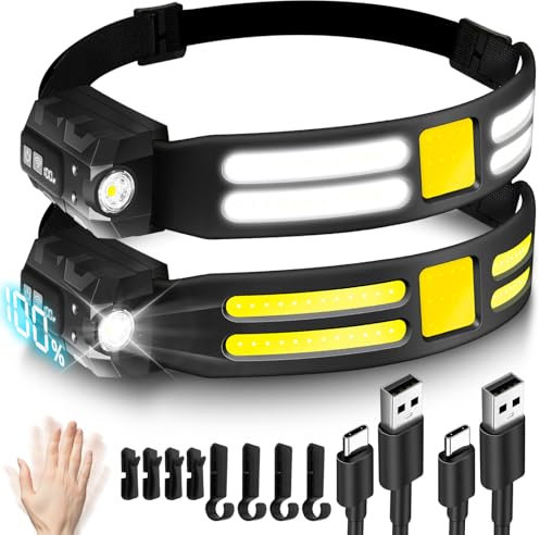 TJINHEZ Torcia da testa ricaricabile, super luminosa, fascio largo 230°, 30 ore di autonomia, 6 modalità con sensore di movimento, lampada frontale impermeabile leggera per campeggio, pesca,