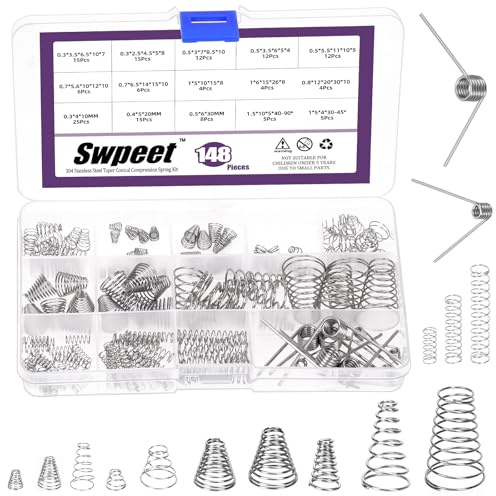 Swpeet 148 st 3 stilar rostfritt stål kompressionsfjädrar sortimentsats, 0,3/0,5/0,7/0,8/1 mm konisk fjäder komprimerad fjäder, 0,3/0,4/0,5 mm kompressionsfjädrar, 1,5 mm-45/90 graders vridfjäder