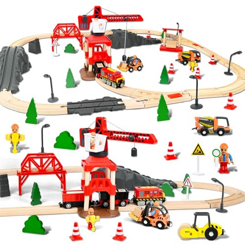 FORMIZON Holzeisenbahn Set Kinder, 87 Teiliges Holzeisenbahn Schienen und Zug Spielzeug, Modelleisenbahn-Set mit Elektrische Lok und Turmkran, Technik Triebwagen Set Geschenk für Jungen und Mädchen