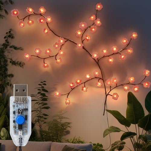 Qoosea Luci Decorazione Parete Ramo di Ciliegio 48 LED 1.2M con Telecomando 8 Modalità Illuminazione Timer Rami Fioriti Flessibili per Camera da Letto e Casa