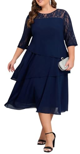 LapaPlus Robe de soirée en dentelle grande taille pour femme - Manches 3/4 - Robe de cocktail - Robe midi en chiffon - Robe à volants - Robe d'été 2025, Bleu marine, XL grande taille