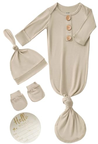 SUZEL Newborn Baby Knotted Gown Headband/Hat Set Clothes Bamboo Viscose Sleep Gown with Announcement Sign (Khaki, 0-3 Months)
