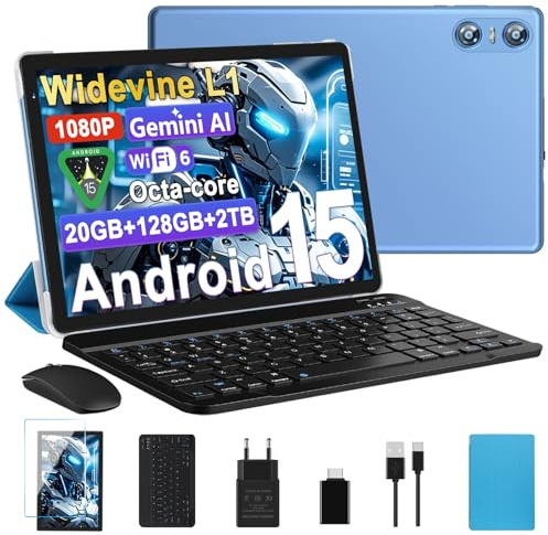 Biegedy Tablet 10 Pollici Android 15, Tablets 20GB RAM+128GB ROM (2TB TF), Octa-Core, Tablets 5G+2.4G WiFi 6, Widevine L1, GMS, Bluetooth 5.0, 6000mAh, 5+8MP, Tablet 2 in 1 Tastiera + Mouse - Blu