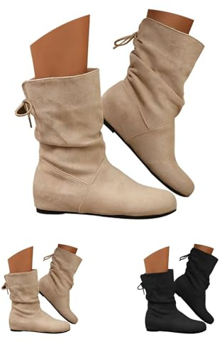 Generisch Botines planos para mujer, botas de vaquero para mujer, de piel, con cordones, botas de mujer, monocolor, elegantes, para exteriores, botas de invierno, informales, beige, 36 EU