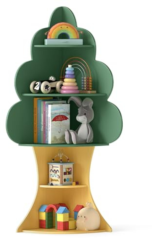 GYMAX 5-Tier Kids Bookcase, Wooden Children Bookshelf with Anti-toppling System, Tree-shaped Storage Shelf for Kid's Room Living Room Kindergarten